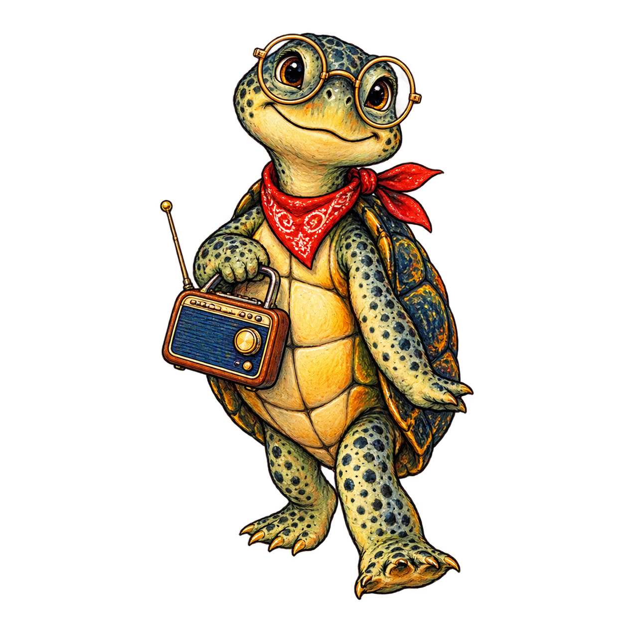 A friendly terrapin carrying a little radio